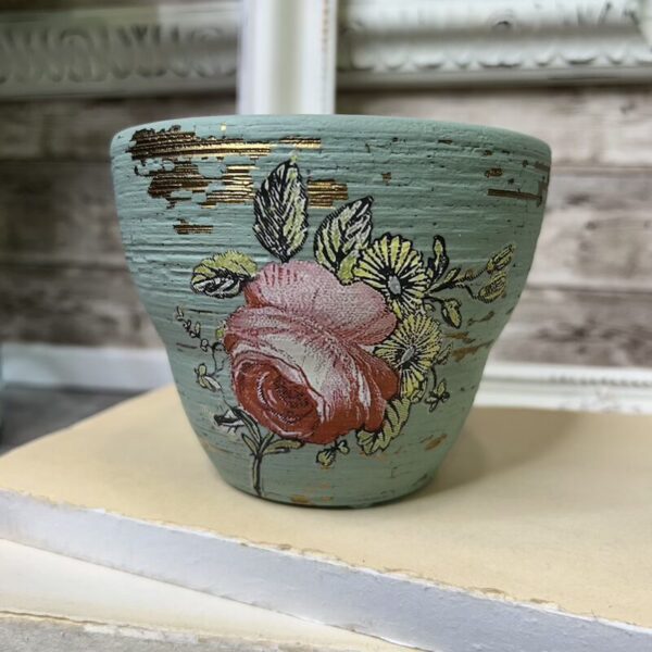 Small Gold Tone and Green Vase with Floral