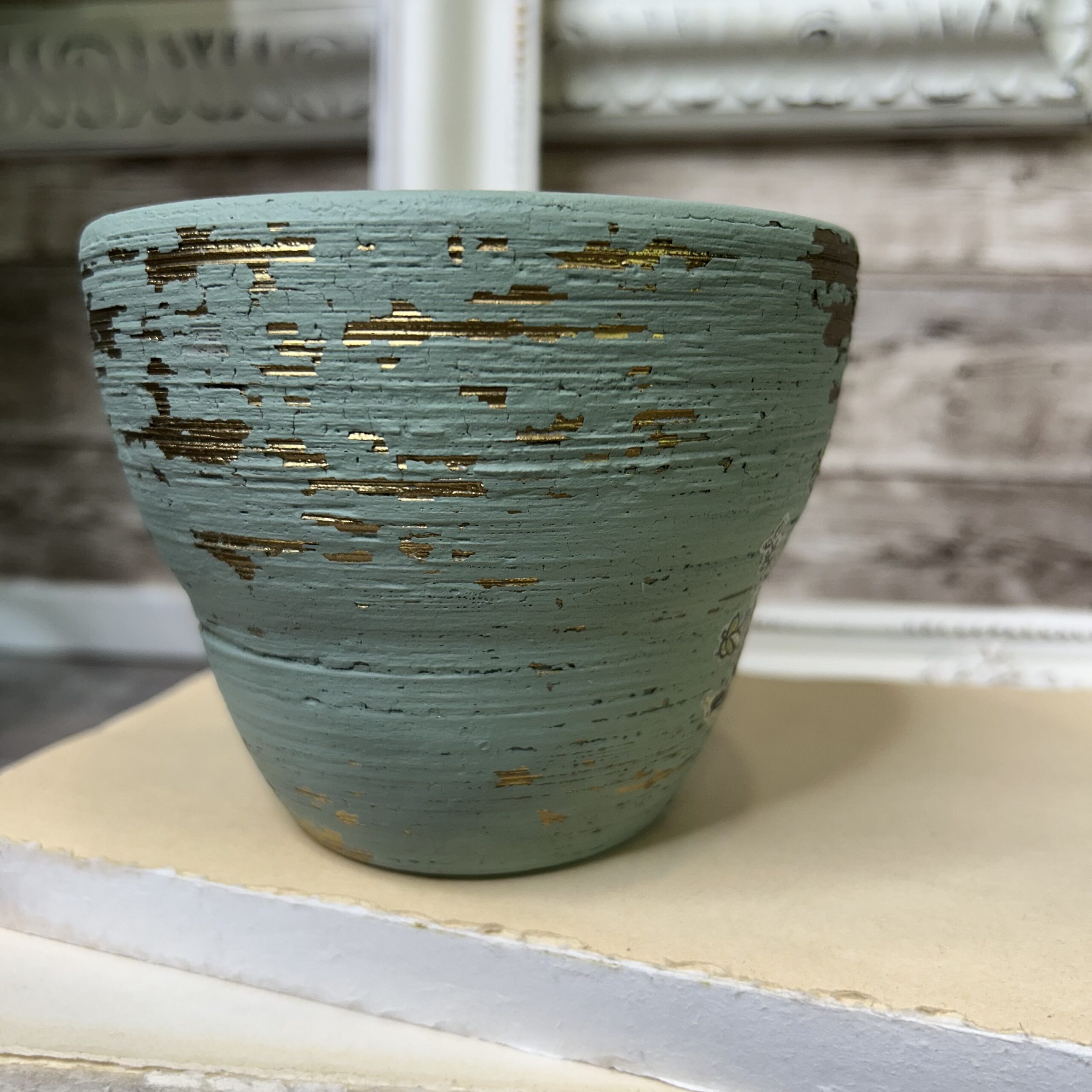 Small Gold Tone and Green Vase with Floral - Image 3