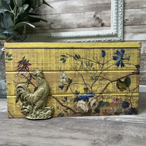 Yellow Wooden Storage Box with Floral and Rooster