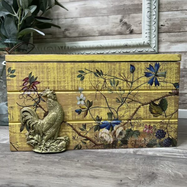 Yellow Wooden Storage Box with Floral and Rooster
