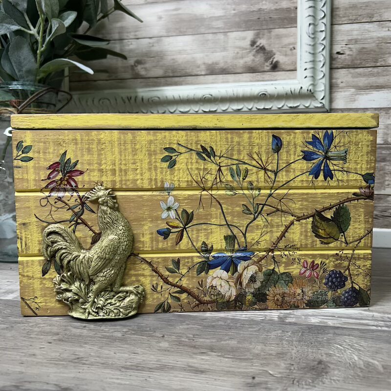 Yellow Wooden Storage Box with Floral and Rooster