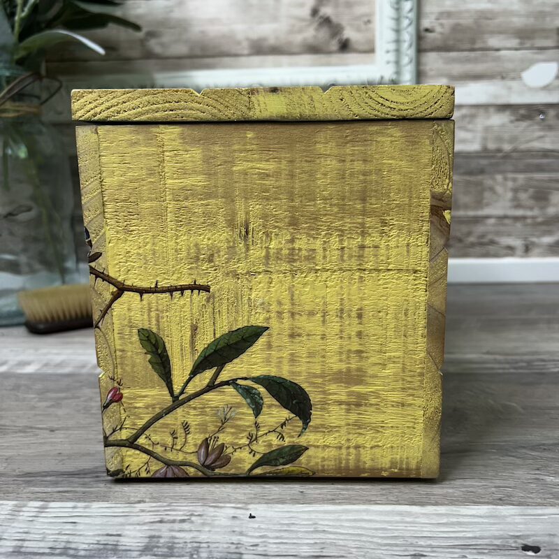 Yellow Wooden Storage Box with Floral and Rooster - Image 4
