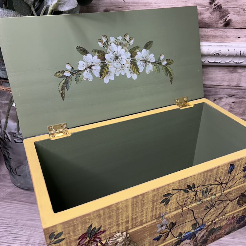 Yellow Wooden Storage Box with Floral and Rooster - Image 7