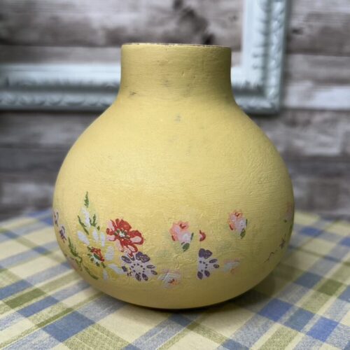 Small Wooden Round Yellow Vase with Floral