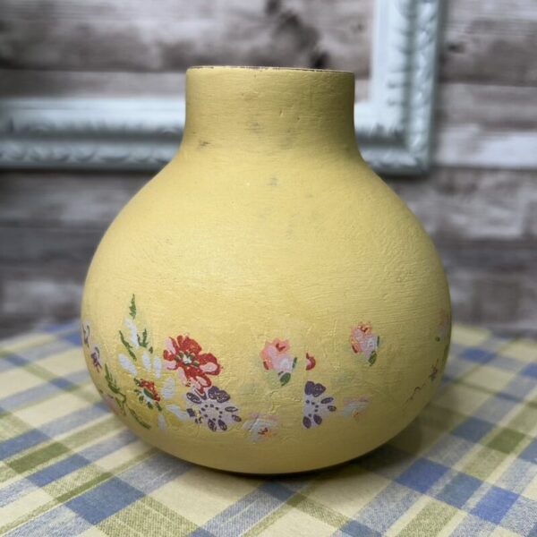 Small Wooden Round Yellow Vase with Floral