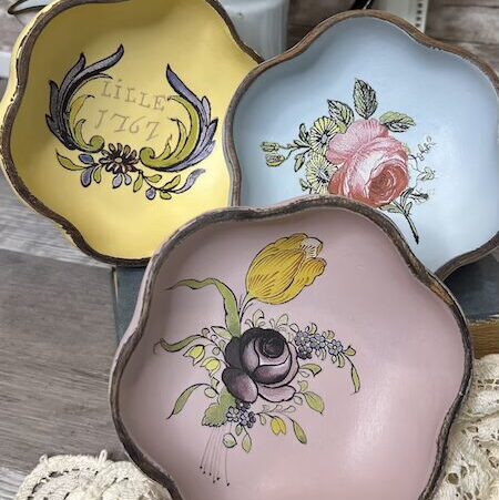 Painted Wooden Bowl with Floral Transfer