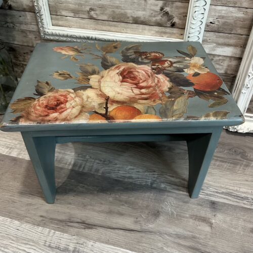 Vintage Painted & Distressed Wooden Handmade Stool with Floral Decor Transfers