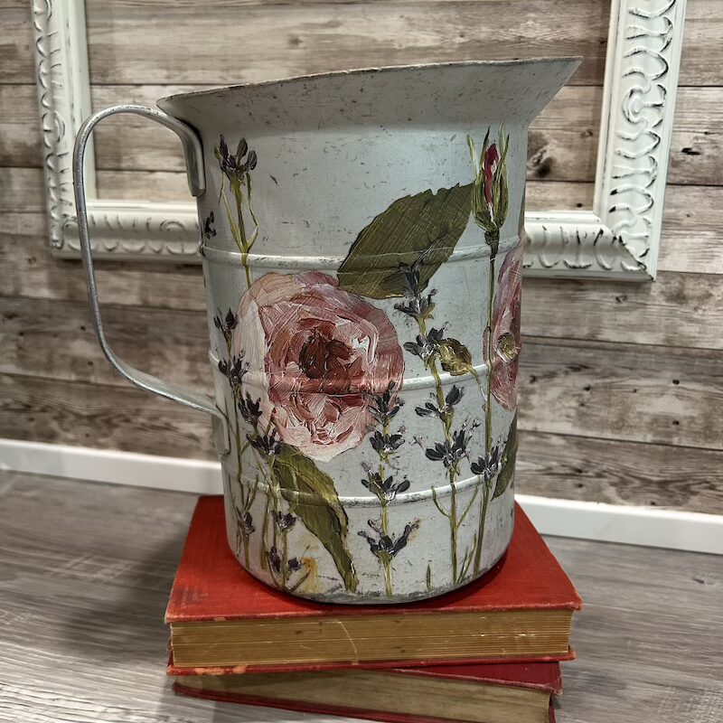 Vintage Upcycled Aluminum Water Pitcher with Floral Decor Transfers - Image 2