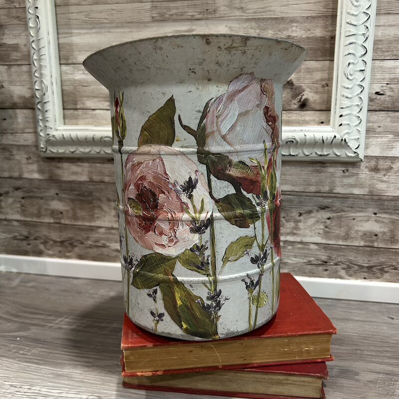 Vintage Upcycled Aluminum Water Pitcher with Floral Decor Transfers - Image 3