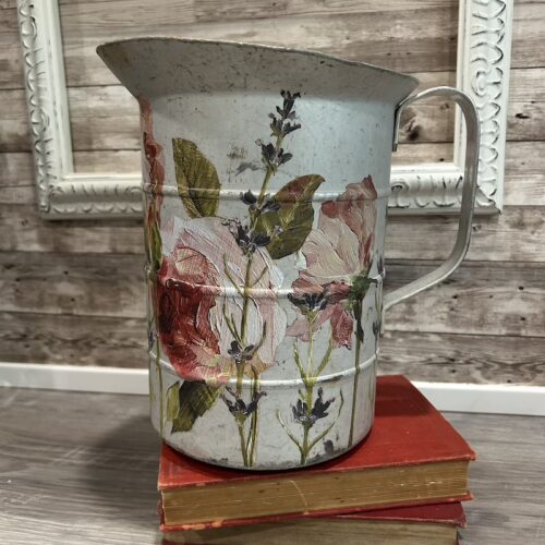 Vintage Upcycled Aluminum Water Pitcher with Floral Decor Transfers