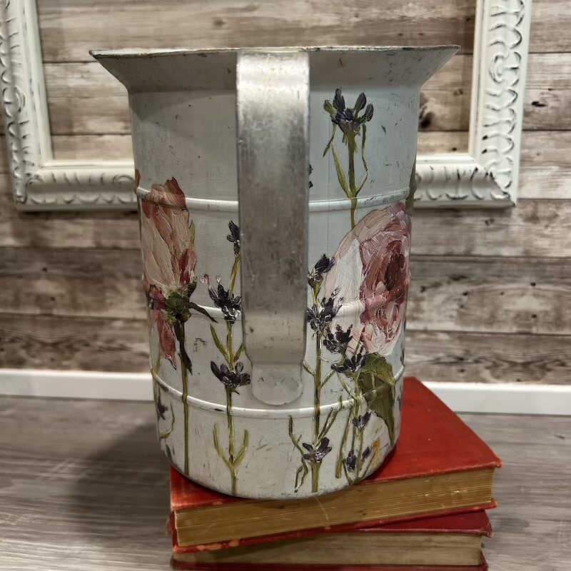 Vintage Upcycled Aluminum Water Pitcher with Floral Decor Transfers - Image 5