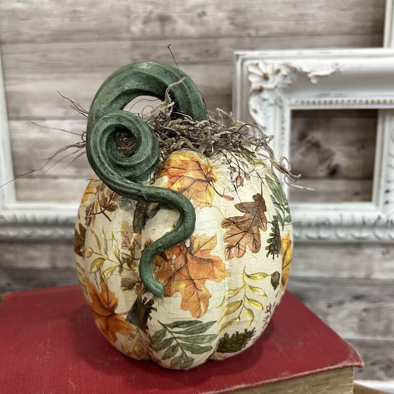 Fall Decoupaged Decor Pumpkin with Curly Stem - Image 3