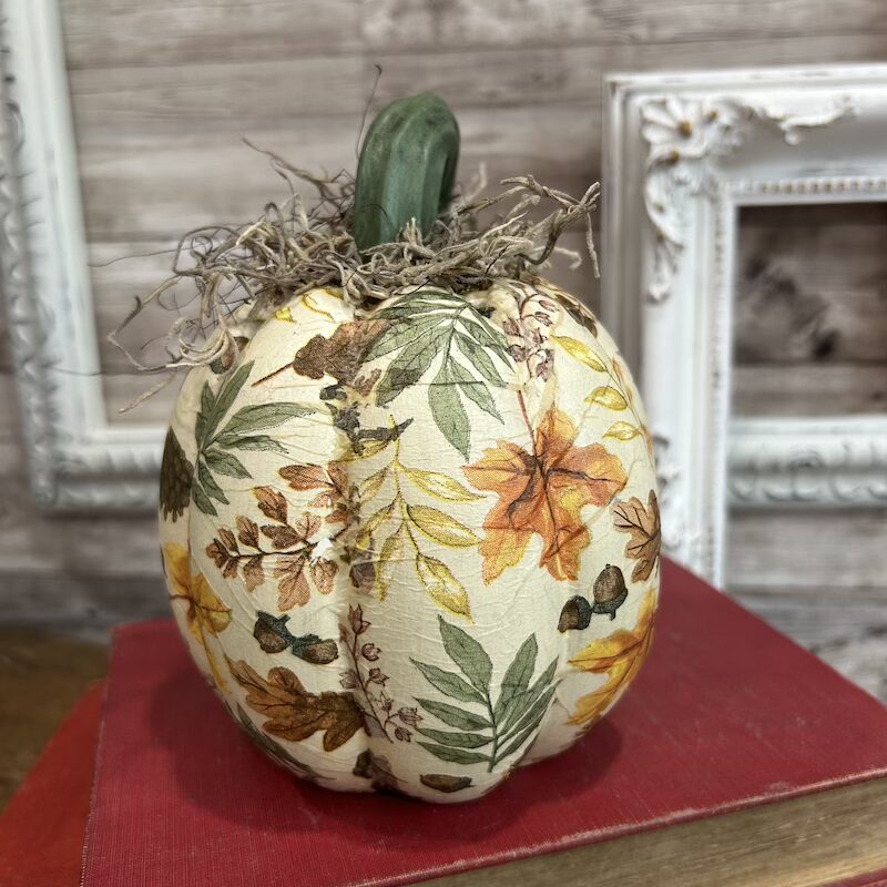 Fall Decoupaged Decor Pumpkin with Curly Stem - Image 4