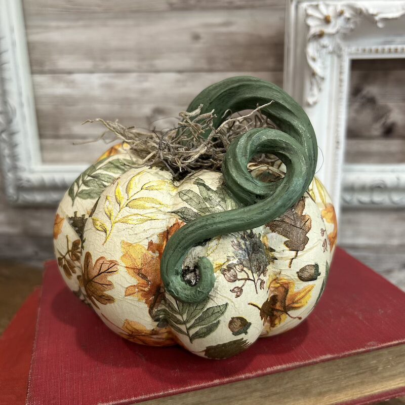 Fall Decoupaged Decor Pumpkin with Curly Stem - Image 5