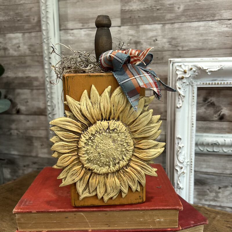 4x4 Wooden Pumpkin Block with Resin Sunflower and Stem - Image 7