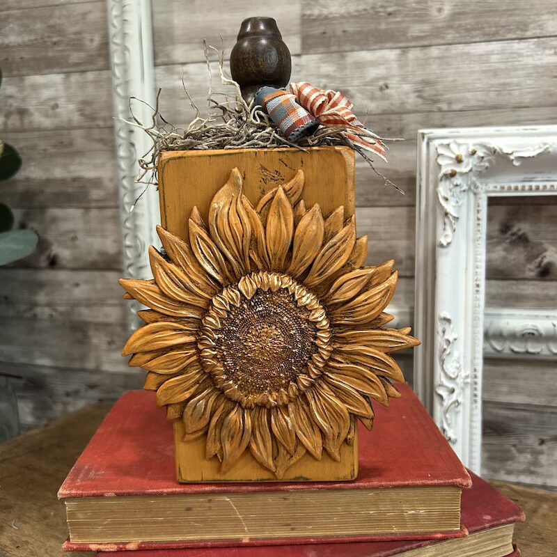 4x4 Wooden Pumpkin Block with Resin Sunflower and Stem - Image 2