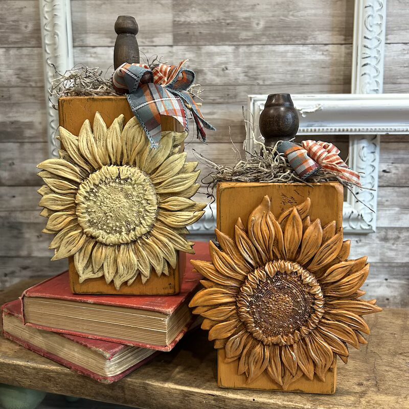 4x4 Wooden Pumpkin Block with Resin Sunflower and Stem