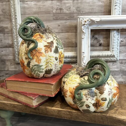Fall Decoupaged Decor Pumpkin with Curly Stem