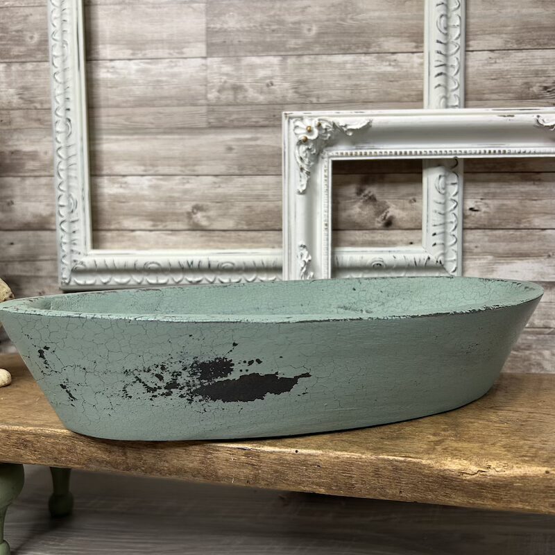 Upcycled Wooden Oblong Bowl with Milk Paint Patina - Image 3