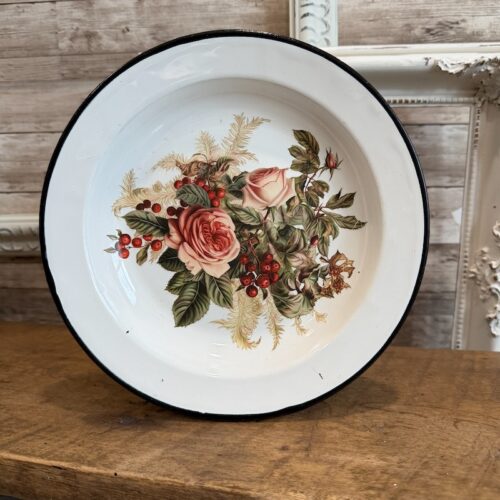 Vintage Black & White Enamel Plate with Roses