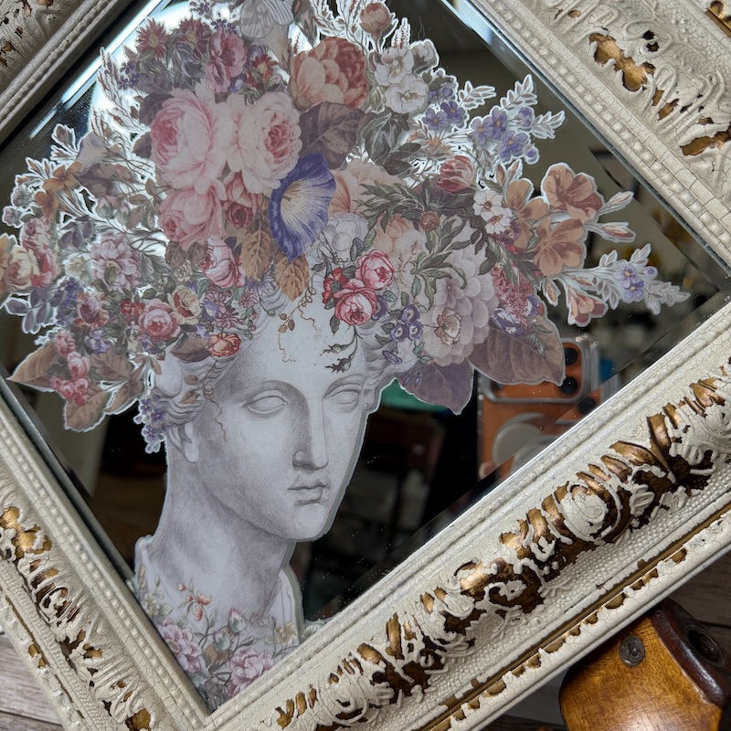 Distressed Square Mirror with Floral Transfer - Image 3