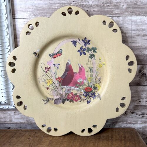 Wooden Plate with Crackle Finish, Birds & Floral Transfers