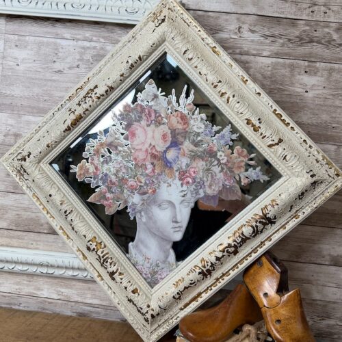 Distressed Square Mirror with Floral Transfer