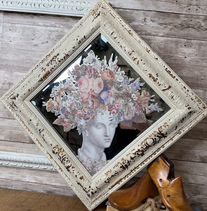Distressed Square Mirror with Floral Transfer