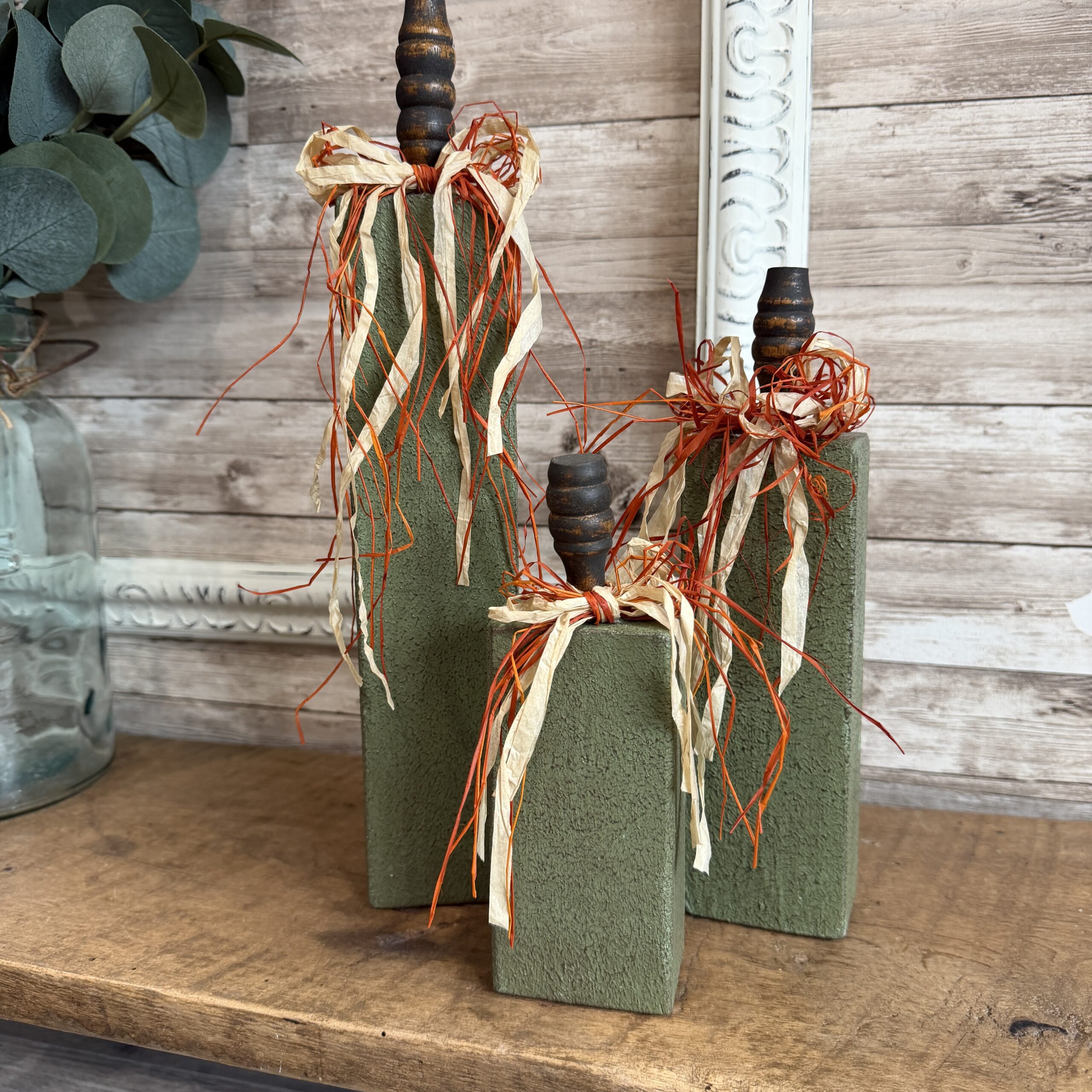 Tall Wooden Block Pumpkins with Green Textured Paint