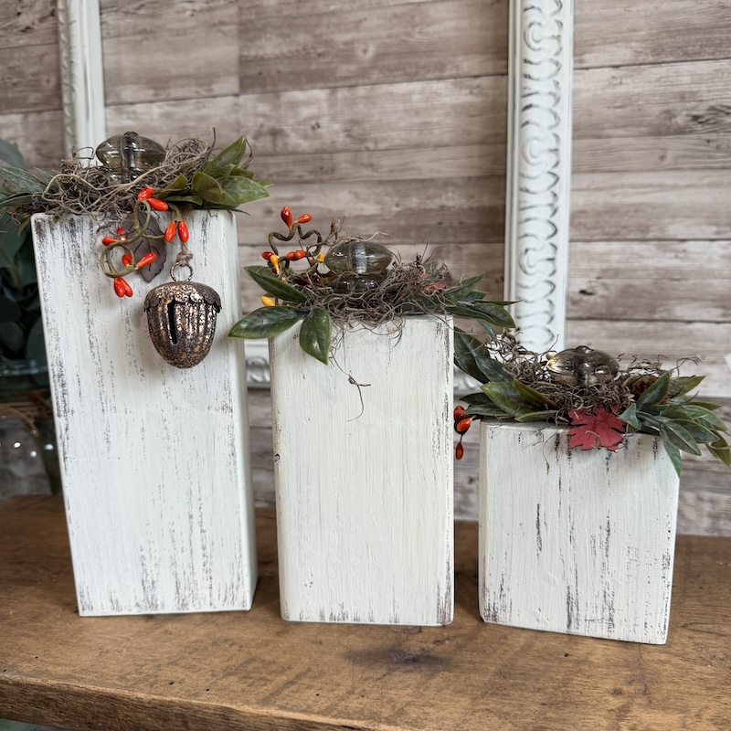 White Distressed Block Pumpkins with Floral - Image 2