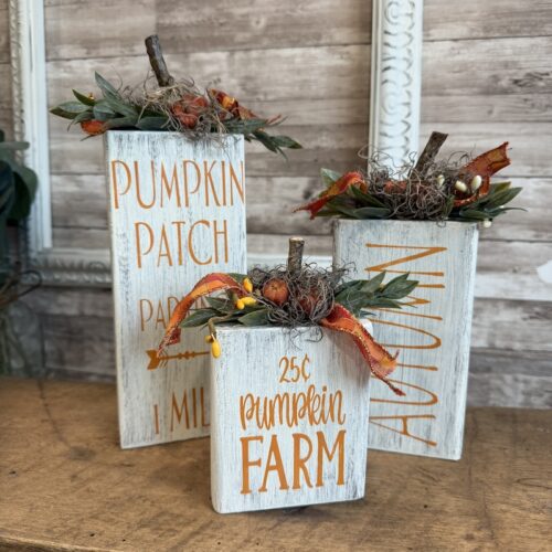 2x4 Wooden Block Pumpkins with Hand Painted Orange Lettering