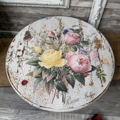 Wooden Lazy Susan with White Crackle Paint and Colorful Floral