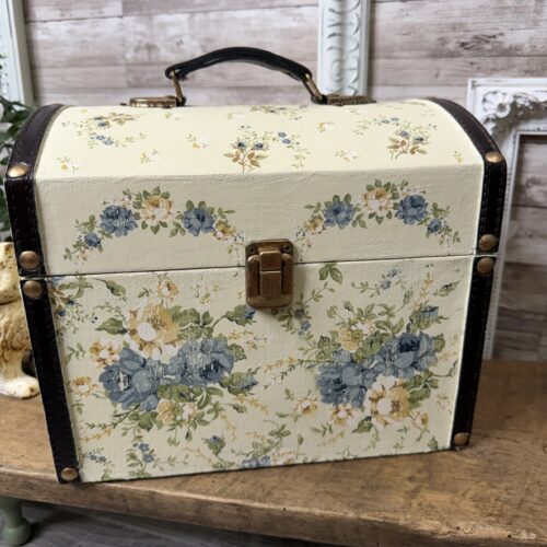 Domed Lid Storage Box with Beautiful Painted Floral Images in Green, Blue, Yellow and Gold