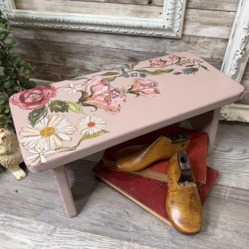 Handmade Pink Stool with Blue, White & Pink Flowers