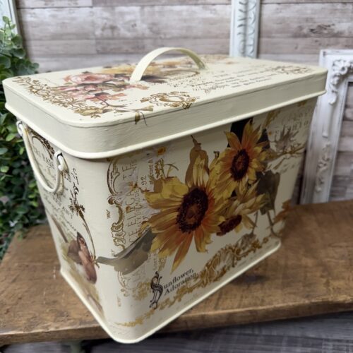 Large Metal Lidded Storage Container with Gold Accents and Floral Images