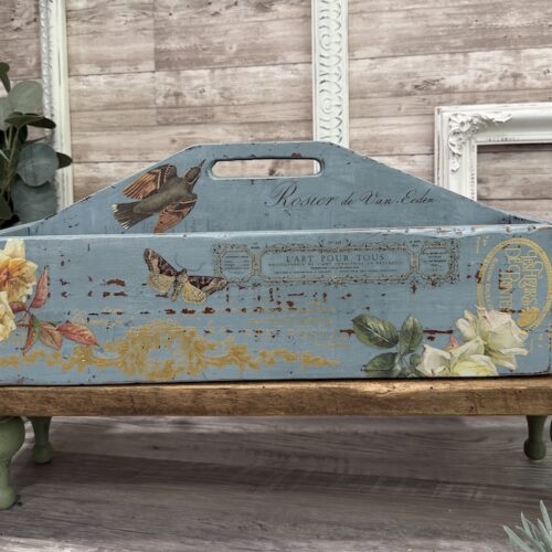 Vintage Blue Chippy Wooden Caddy with Floral and Gold Decor Transfers