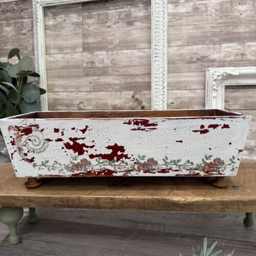 Oblong Footed Wooden Storage Box with Chippy Paint and Floral Design
